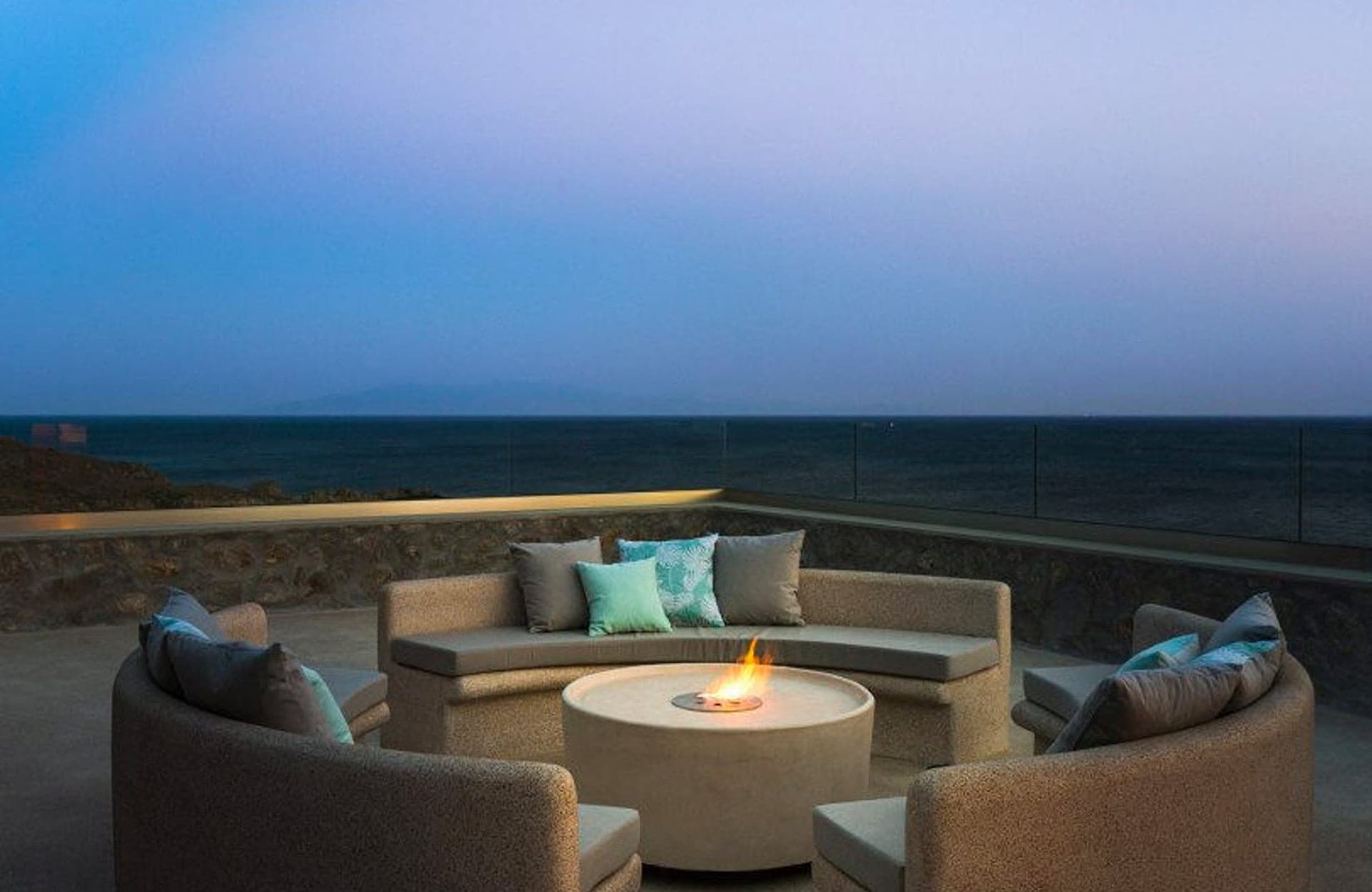 Fire pit lounge at dusk