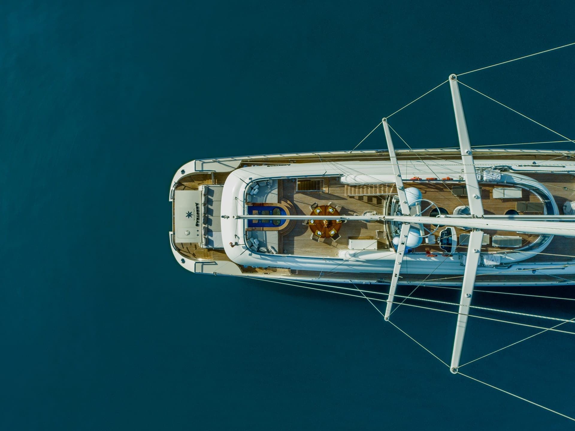 Aerial profile of yacht at sea
