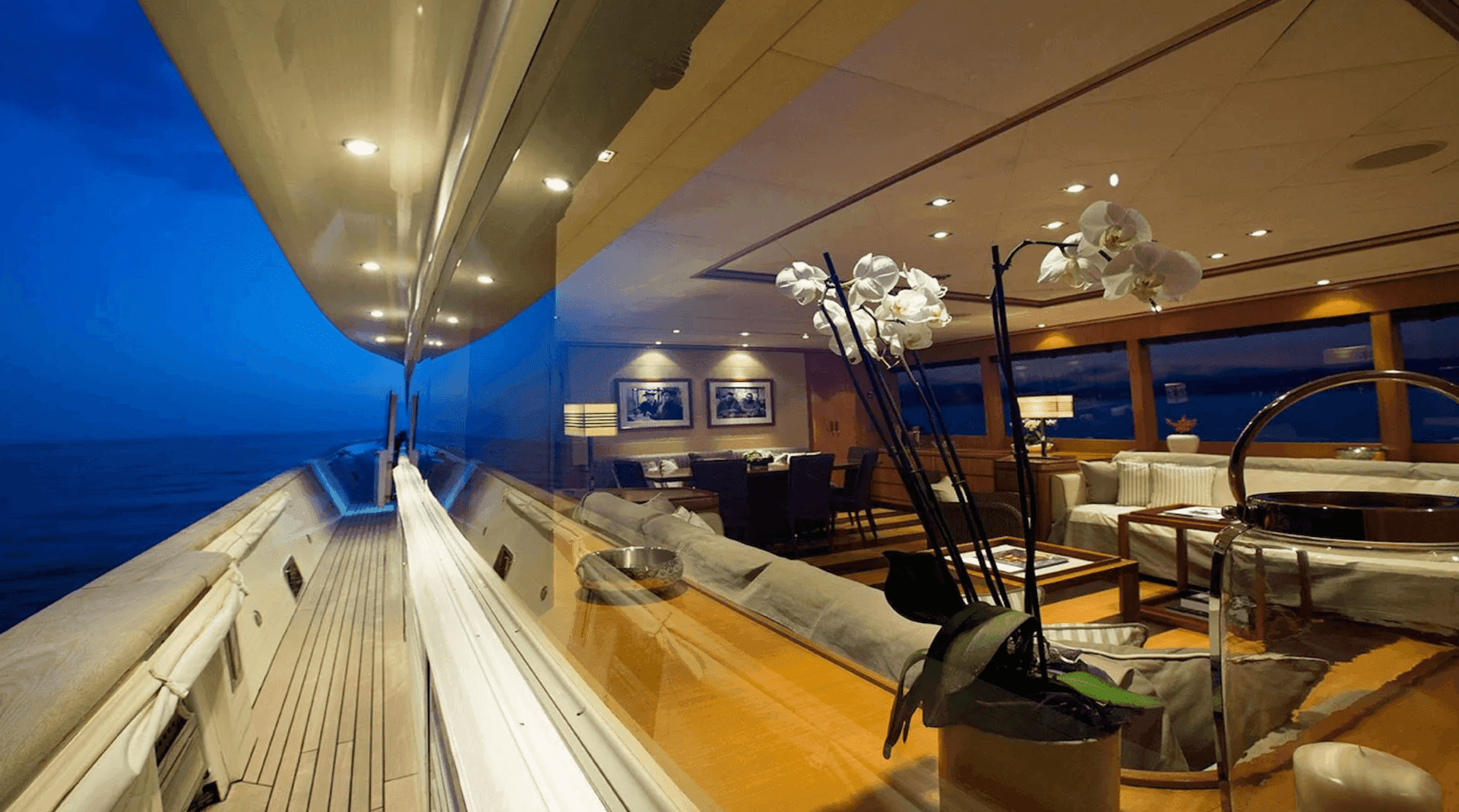 Luxury yacht interior at dusk