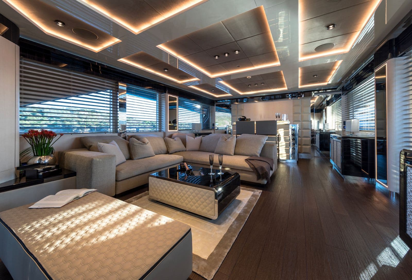 Motor yacht saloon lounge with fresh floral arrangement